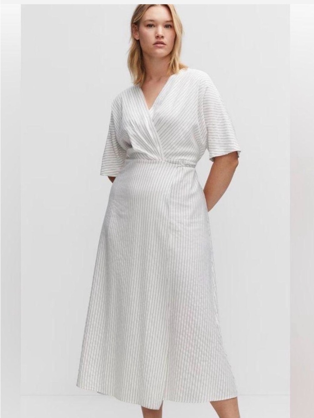 MANGO ClassicWhite Stripe Wrap Midi Dress.